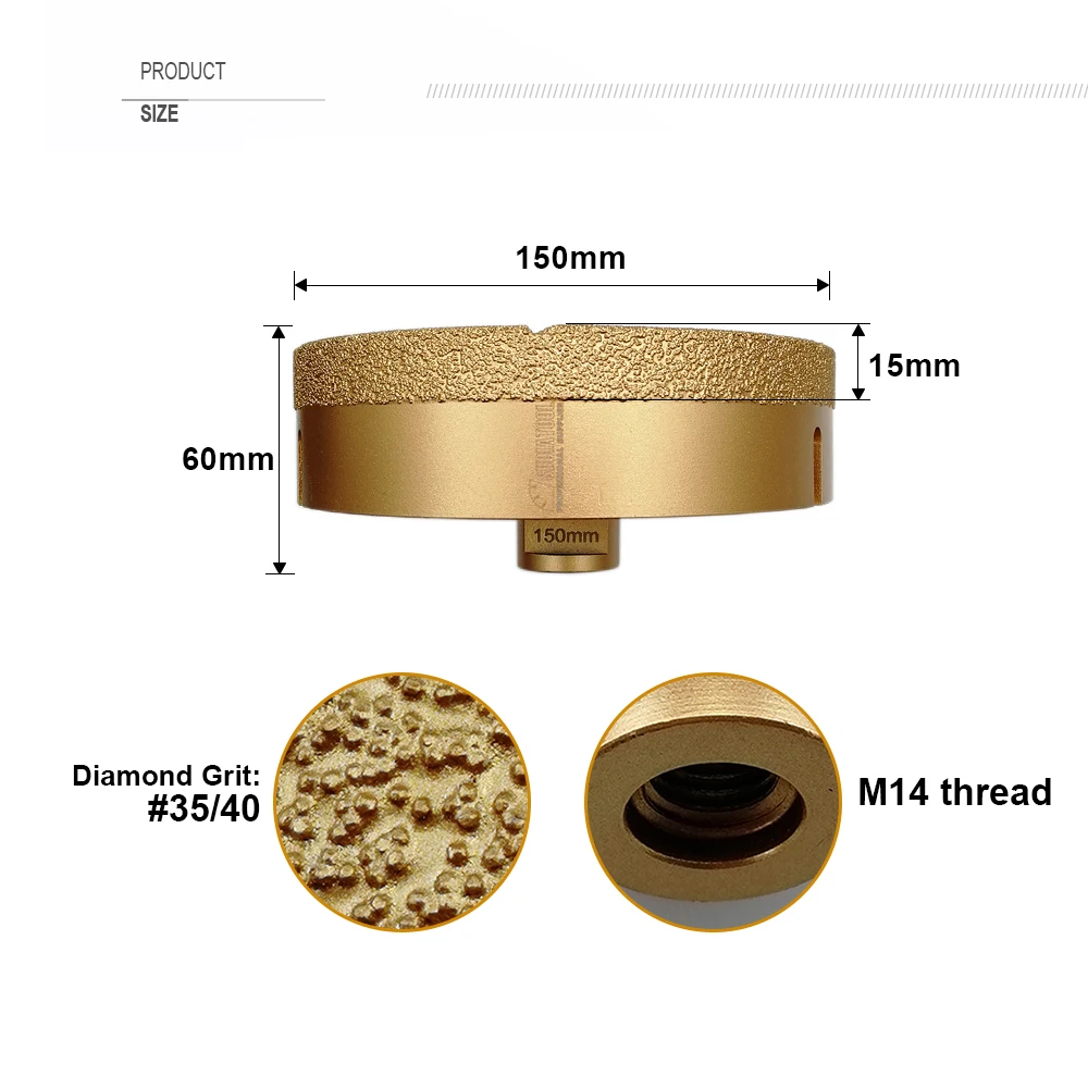 Imagem -02 - Shdiatool Dia 150 mm Vacuum Brazed Diamond Drilling Core Bits M14 Conexão Rosca Brocas Diamante Altura 15 mm Pedra Buraco Saw