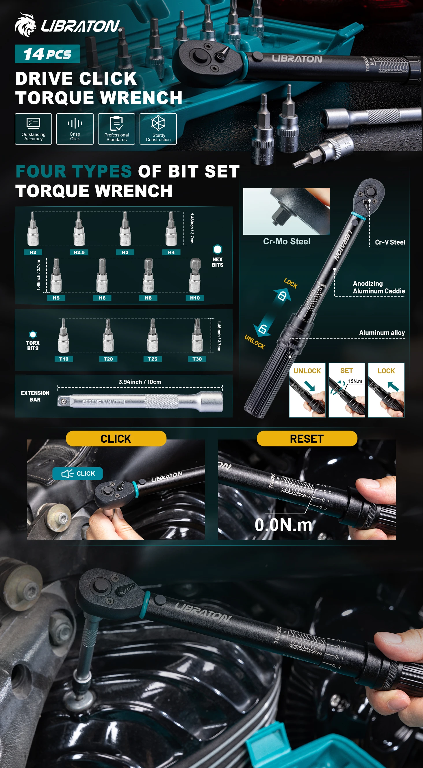 LIBRATON 1/4'' Fahrrad-Drehmomentschlüssel, 5-25 Nm / 1-6 Nm Hochpräziser Drehmomentschlüssel, Genauigkeit von ±3%, Drehmomentschlüssel-Set mit Vierkantantrieb – Detail 5