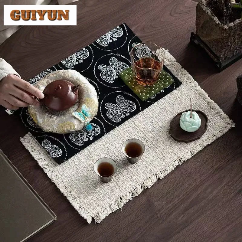 Chinese Style Floral Embroidery Tea Table Mats Elegant Tea Flag Drink Coaster Dinner Table Cloth Mat Tea Services Ornaments Gift
