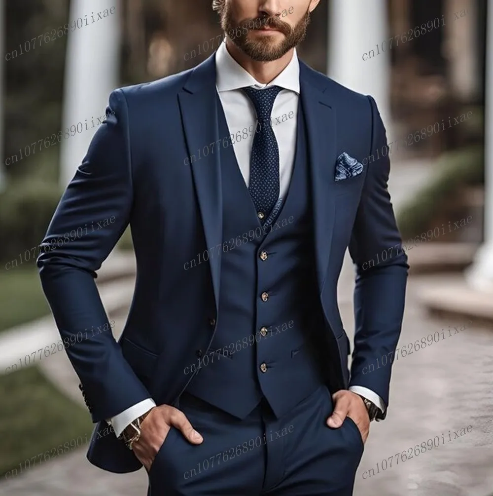 

High Quality Navy Blue Men Suit Groom Groomsman Wedding Party Prom Business Formal Male Tuxedos 3 Piece Set Blazer Vest Pants