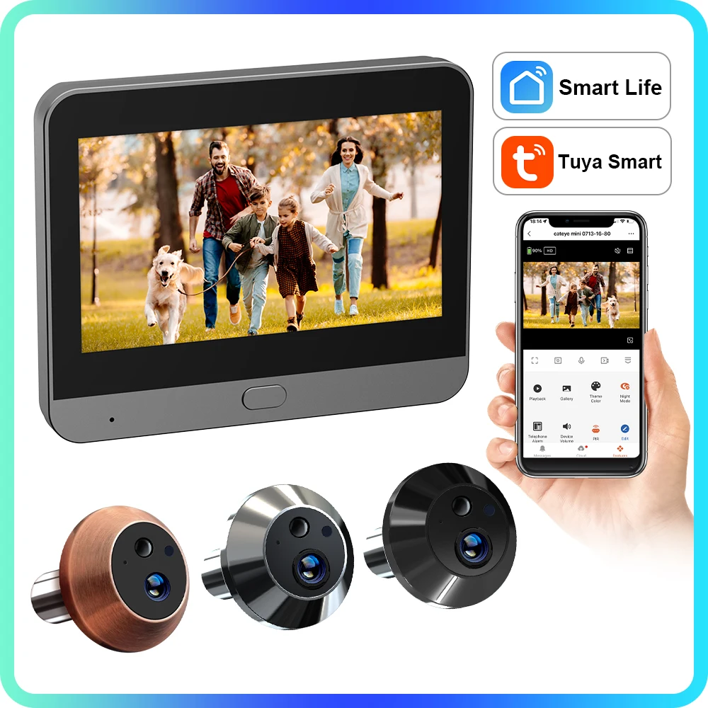 

WiFi Tuya Smart Life APP 3-мегапиксельный цифровой глазок PIR-обнаружение 940NM Камера ночного видения с дверным глазом Alexa Google 4,3-дюймовый монитор