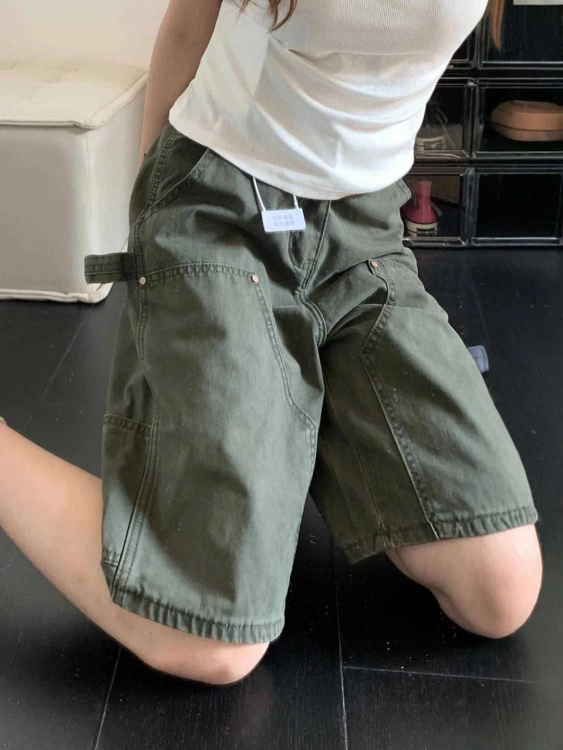 Shorts Cargo de Cintura Alta para Mujer, Estilo Veraniego, Holgados, Y2K, Verde Militar, Corte Holgado, Estilo Urbano, Bermudas con Múltiples Bolsillos