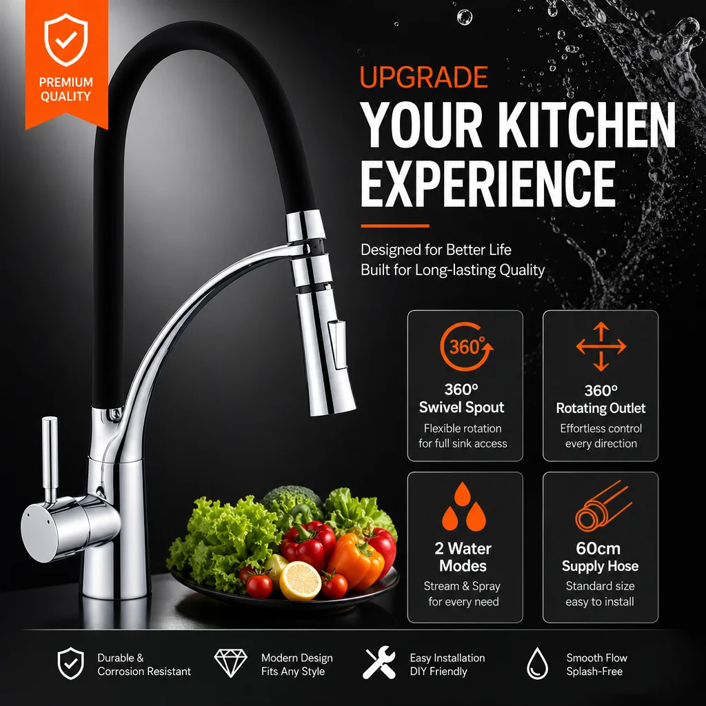 Pull Down Rotating Kitchen Faucet, Brushed Silver / Black Finish, Deck Mounted Hot & Cold Water Mixer Tap with Black Hose