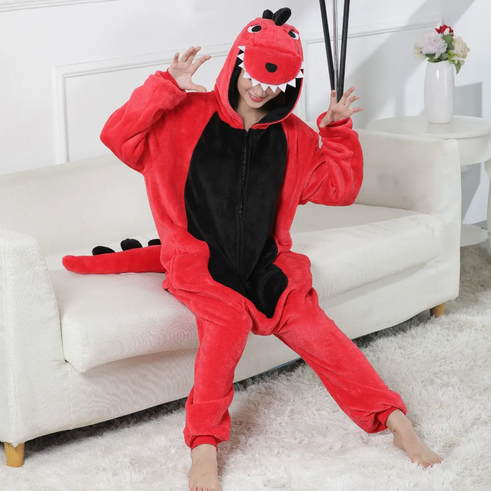 Red Tyrannosaurus Rex Dinosaur Kigurumi Animal Cosplay Costumes Adults Flannel Onesie One piece Pyjamas Halloween Carnival Party