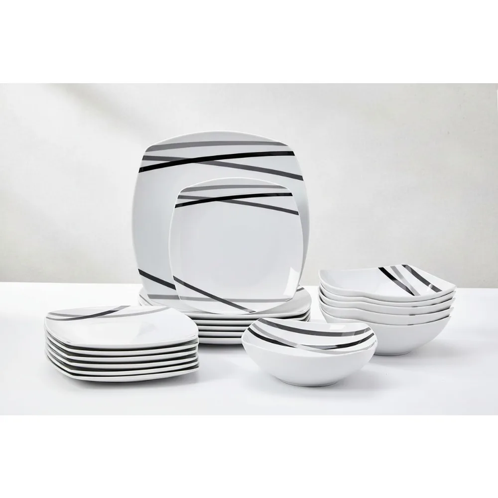 

18-Piece Square Dinnerware Set for 6 - Modern Beams Design, Durable Porcelain Plates & Bowls, Dishwasher Safe Kitchen Essentials