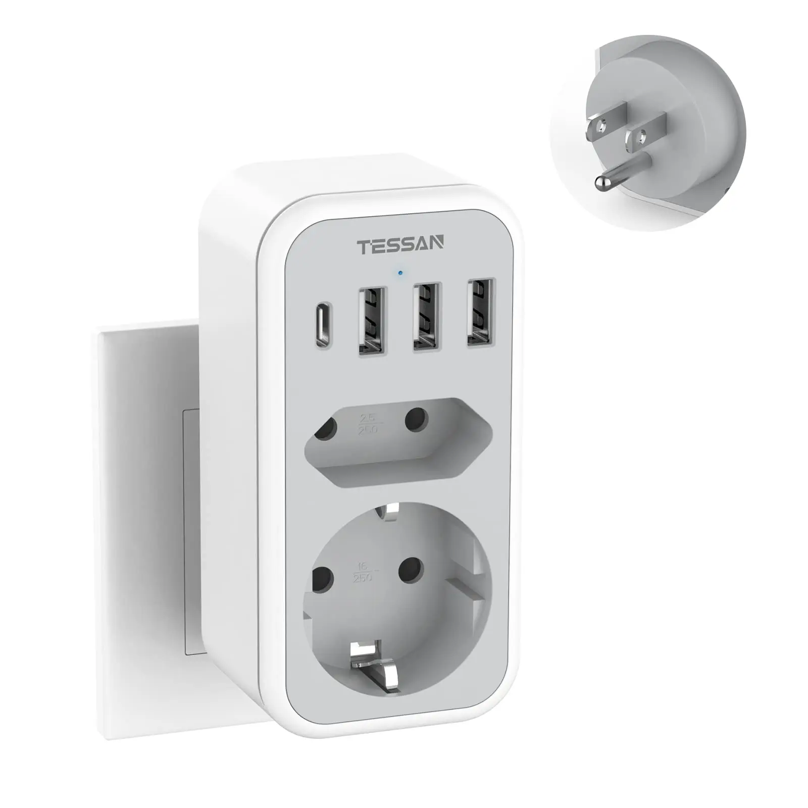 TESSAN USB-reisstopcontact EU naar VS reisadapter met 2 stopcontacten 3 USB-poorten Meerdere stekkeradapters voor EU ES FR KR PL