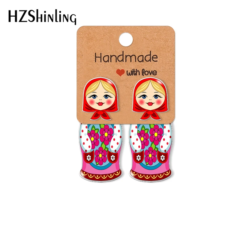 2021 New Russian Doll Acrylic Stud Earring Little Red Riding Hood and Wolf Epoxys Resin Jewelry Handmade Items Gifts Girl