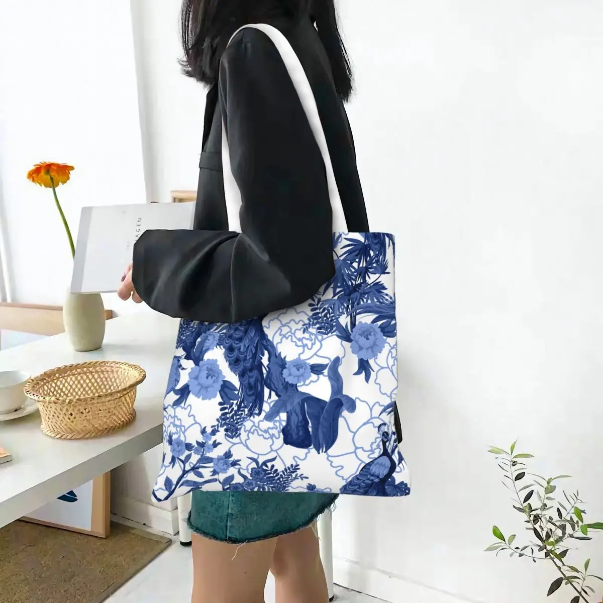 Chinoiserie Flowers Canvas Tote Handbag Blue Peacock Birds and Peonies Grocery Bags Large Capacity Shopping Bags for Unisex