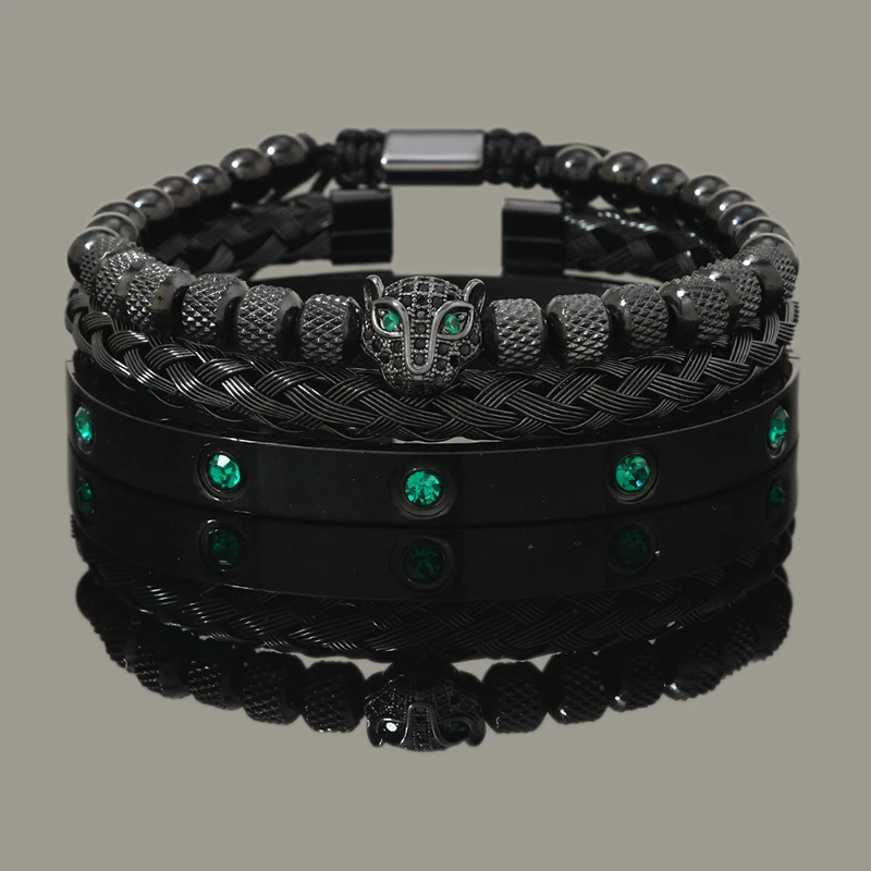 Luxury Set Green Eye Leopard Head Charm Handmade Man Bracelet Crystals Women Stainless Steel Bangles Jewelry