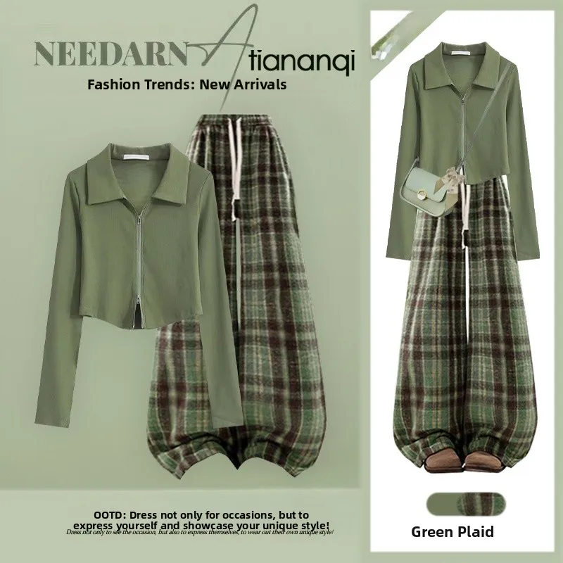 

Spring Faion Versatile Set Women's Loose Age-Defng Double Zipper Casual irt with Plaid Pants Two-Piece Ensemble