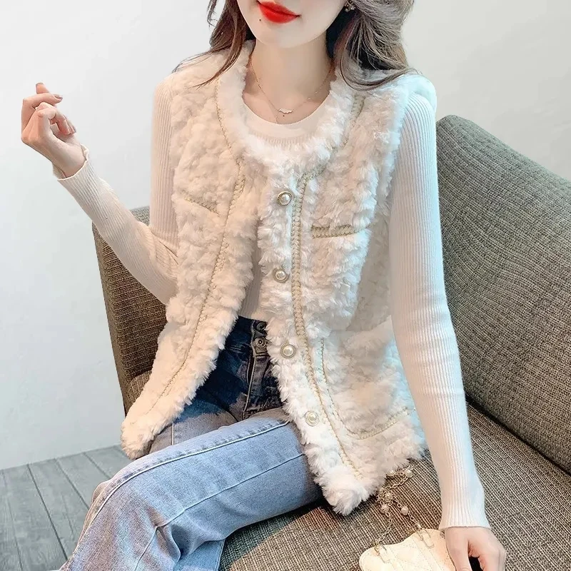 

Осень-зима 2022, новинка, пушистый жилет с круглым вырезом, куртка для женщин, короткое теплое толстое пальто без рукавов, женское маленькое ароматное пальто