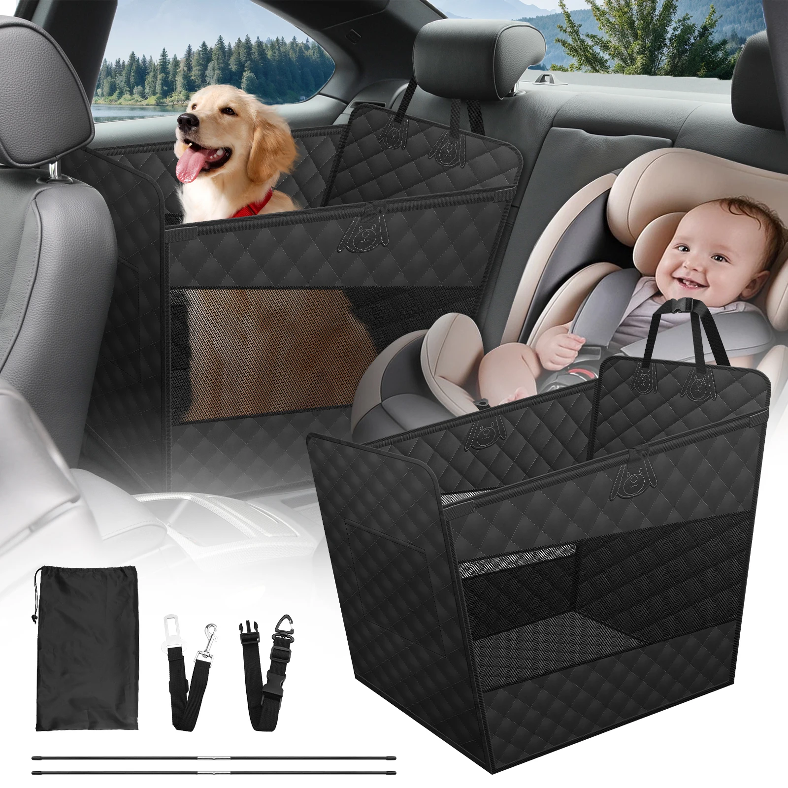 

Car Seat Cover for Sedan SUV Half Back Seat Extender with Safety Belt Upgraded Waterproof 210T Dog Car Hammock with Mesh Pocket