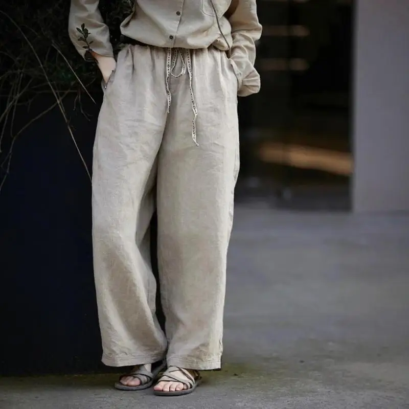 

2025 Spring Summer Arts Style Women Elastic Waist Loose Casual Trousers Good Quality Cotton Linen Vintage Harem Pants B023