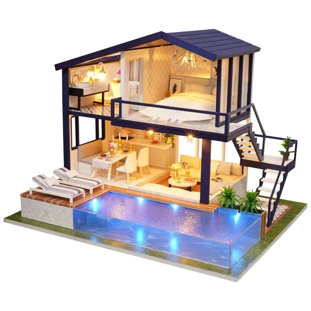 Handcraft Dollhouse Furniture Kit Wooden LED Light DIY Miniature Doll House for Kids Adult Creative Modern Home Decor Toy