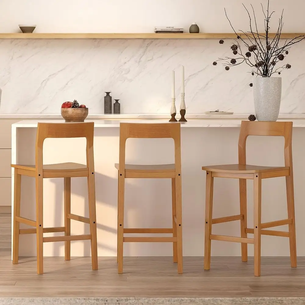 Conjunto de 4 bancos de bar modernos de madeira com altura de balcão, cadeiras sem braços estilo fazenda com encosto e apoio para os pés, acabamento em carvalho escuro para Ki