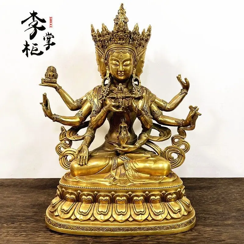 

Tibetan Tantra large pure copper Zunsheng Buddha statue brass top bun Zunsheng Buddha statue three sides and eight arms ornament