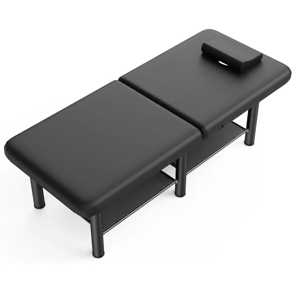 طاولة تدليك ثابتة قابلة للطي - طاولة معالجة مع مسند ظهر قابل للتعديل ومساحة تخزين كبيرة، طاولة تدليك واسعة