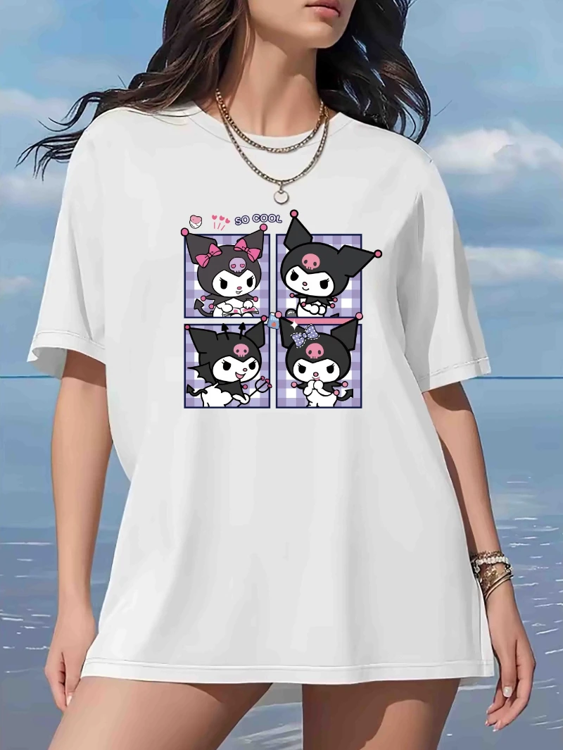 Sanrio Kuromi Pattern Printed Round Neck Shoulder Down T-shirt for Women Summer and Autumn Pure Cotton Comfortable Top