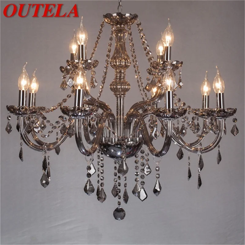 

OUTELA Modern Chandelier LED Candle Pendant Lamp Crystal Smoky Grey Lighting Fixtures Indoor for Home Hotel Hall