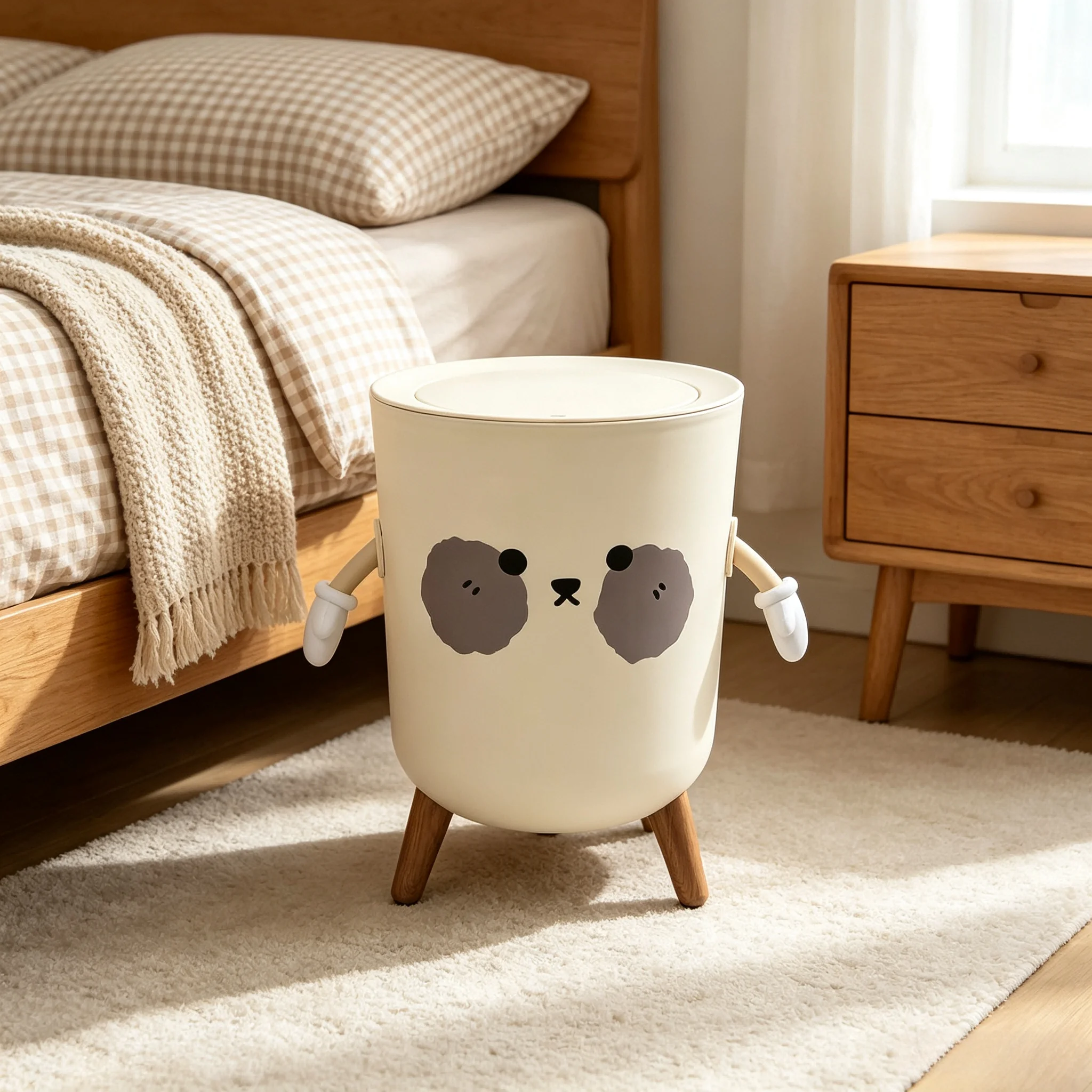 Cute Bear Shape Trash Can with Flip‑Top Lid, Kawaii Cartoon Standing Plastic Garbage Bin with 3 Support Legs & Movable Arms, All‑Plastic Odor‑Sealed Waste Bucket, Decorative Trash Bin for Bedroom, Kids Room, Living Room, Apartment Home Decor