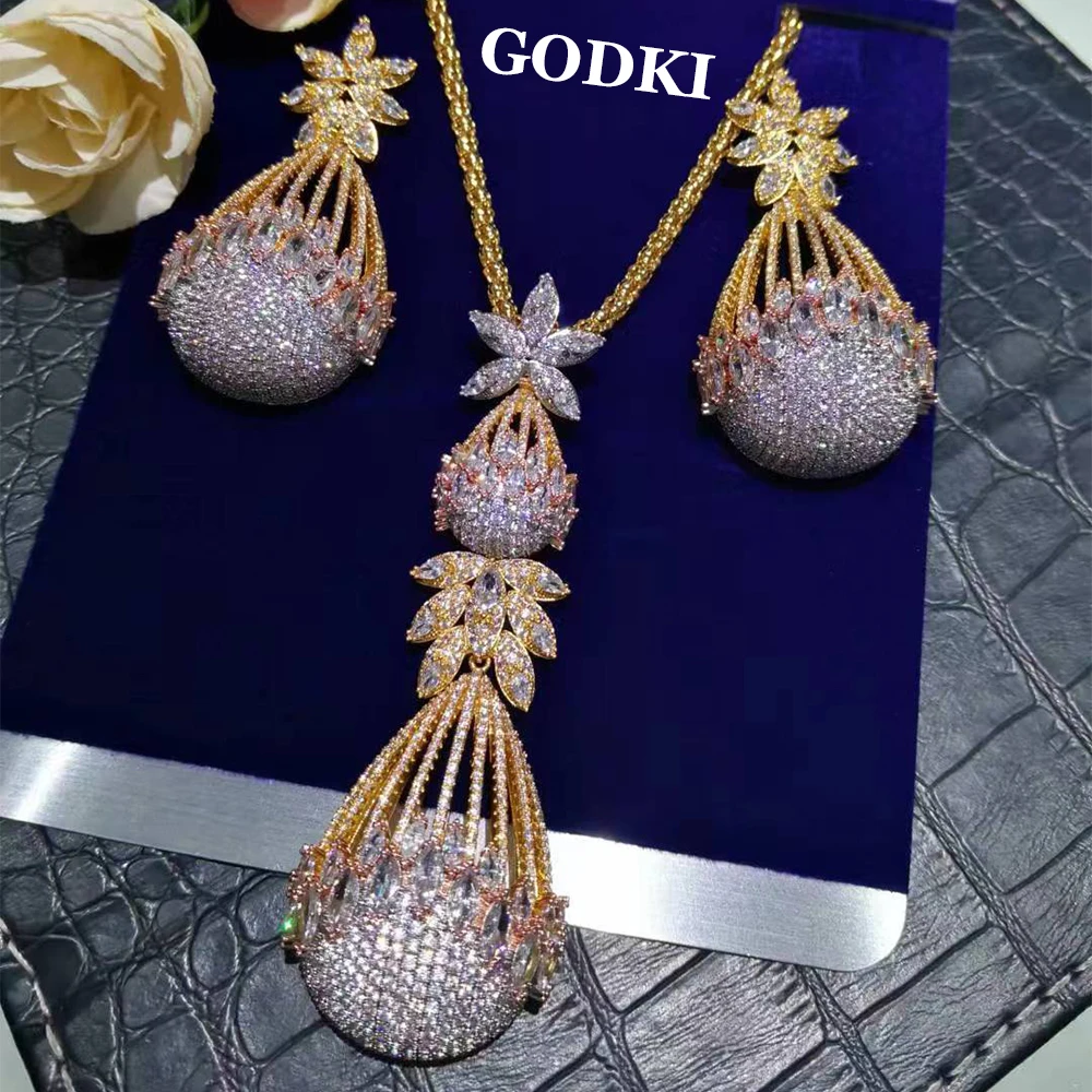 GODKI Trendy Luxury 4PCS Flower Nigerian Jewelry Sets For Women Wedding Cubic Zircon Indian Dubai Bridal jewelry Set 2023