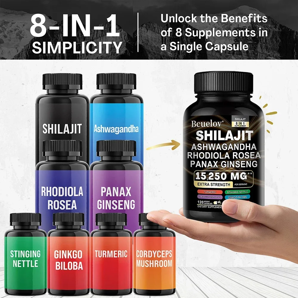 High Purity Shilajit Mineral Supplement - with Ashwagandha, Ginseng, Rhodiola, Replenish Energy, Strength, Immune Health