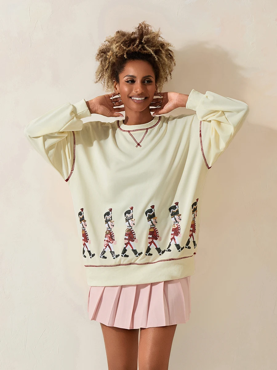 여성용 스팽글 만화 맨투맨, 대비 색상 스티칭, 긴 소매 라운드 넥, 캐주얼 풀오버 상의