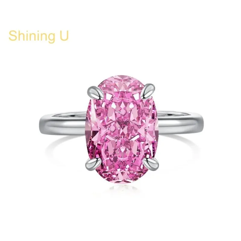 Shining U 925 Sterling Silver 8*12mm Pink Oval High Carbon Diamond Gems Ring for Women Fine Jewelry Anniversary Summer