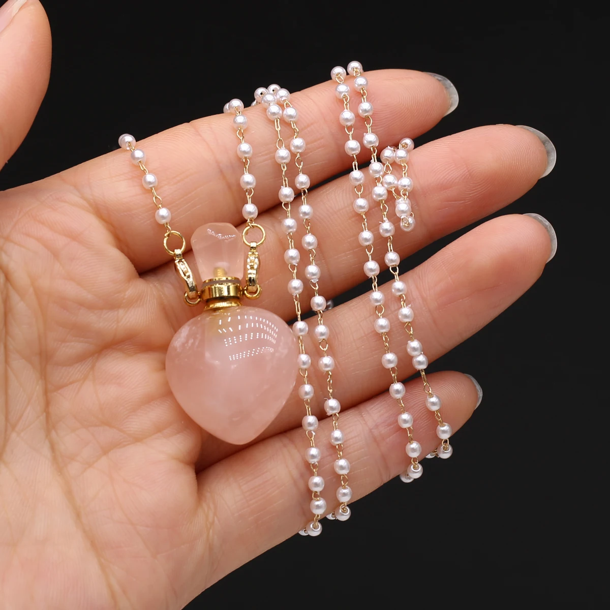 

Perfume Bottle Necklace Natural Stone Rose Quartz Perfume Bottle Pendant For Women Christmas Halloween Gift Chain 80cm