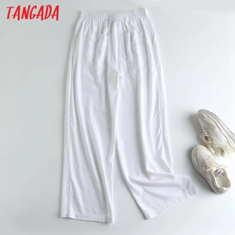 Tangada 2023 New Women White Linen Cotton Pants Trousers High Waist Summer Long Pants  4C269