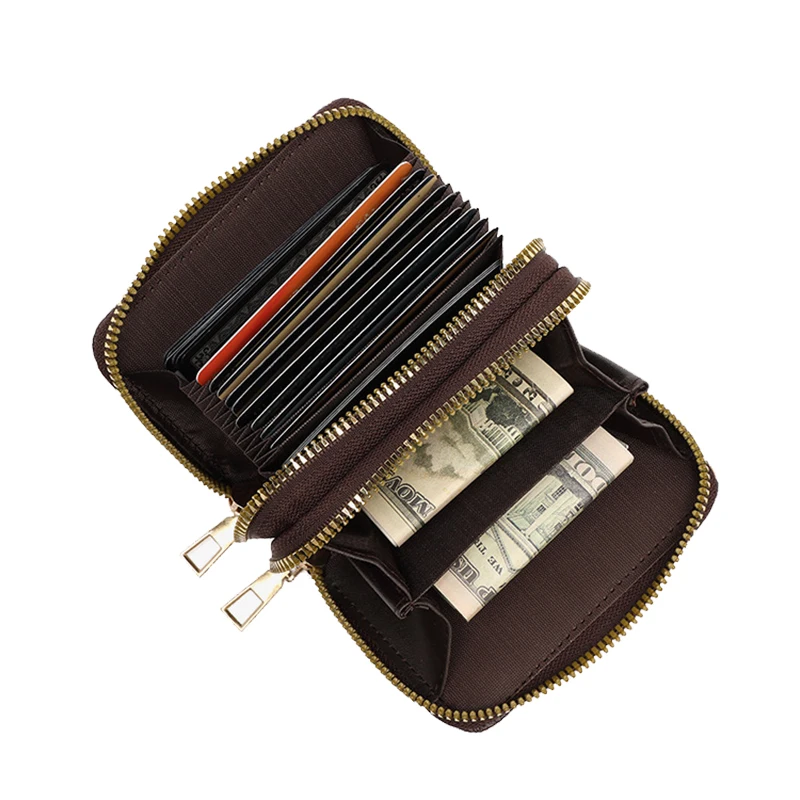 Double-Zip Large capacity Vintage Compact Card Holder with Multiple Card Slots Portable Fashion Card Pouch & Coin Purse