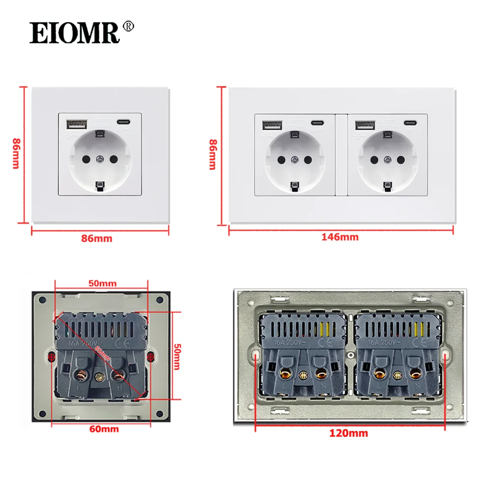 EIOMR EU Wall Power Socket with Type C Charging Port 5V 2.1A 146mm,86mm Flame Retardant PC Panel 16A 220V EU Standard USB Socket