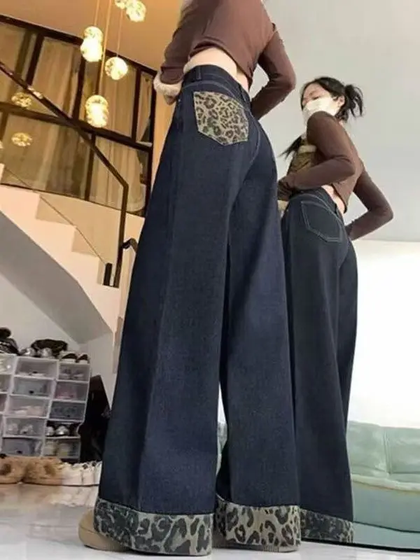 

High Waist Wide Leg Leopard Print Patchwork Cuffed Denim Pants Women Loose Feel Casual High Waist Cuffed Wide Leg Pants