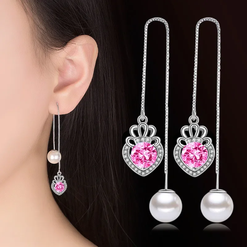 Women's Fashion Swing Drop Earrings Long Box Chain Cute Heart Crown Zircon Pearl Dangle Earring Charming Ear Piercing Jewelry