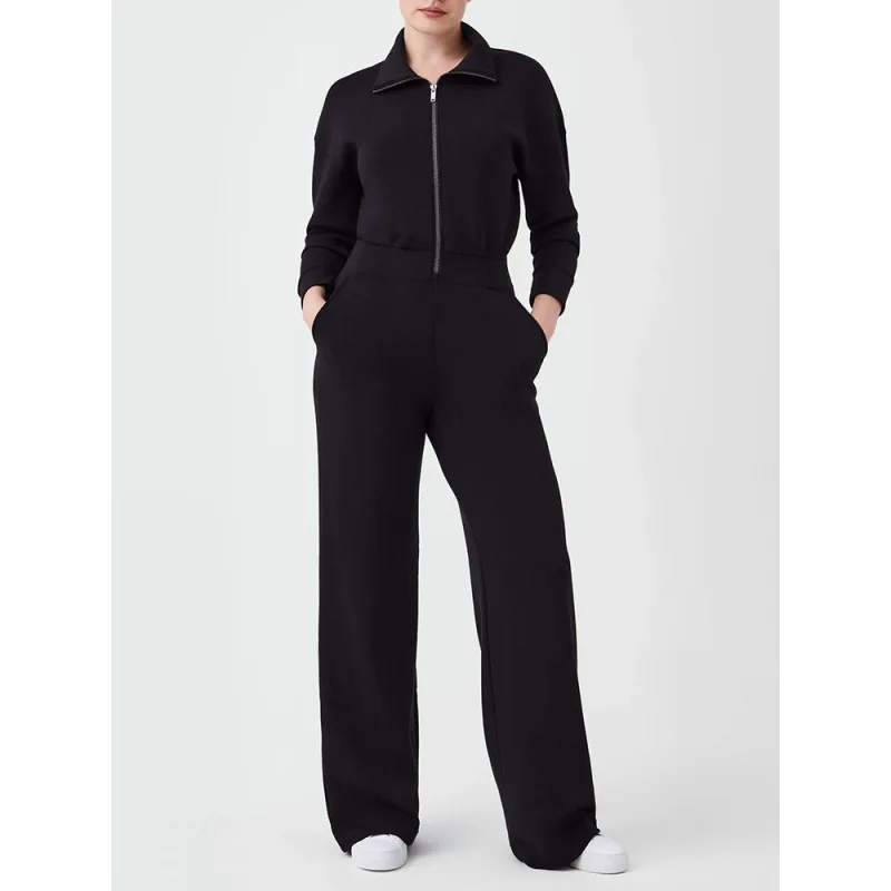

Everyday Jumpsuit Ladies Fashionable Oversized Jumpsuit Long Sleeve Wide-Leg Jumpsuit Zip-Up Collar Sweatshirt Playsuit