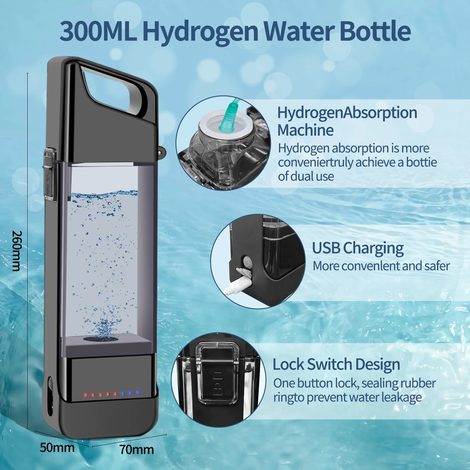 300ML Hydrogen Generator Water Cup 5W/1200mAh Filter Ionizer Water Bottle USB Powered Glass Safety Health for Outdoor Sport