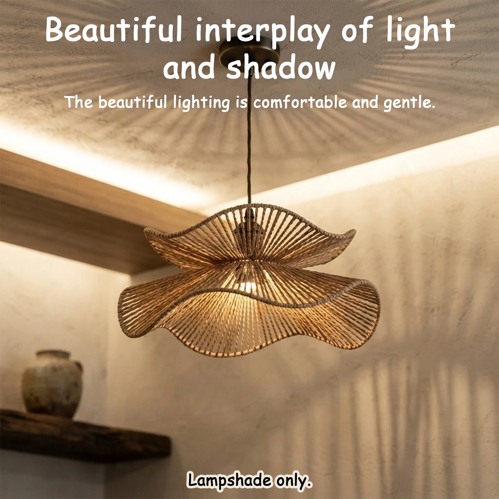 Boho Woven Jute Rope Lamp Shade, Double Layer Wavy Disc Cover for Pendant Light Living Room