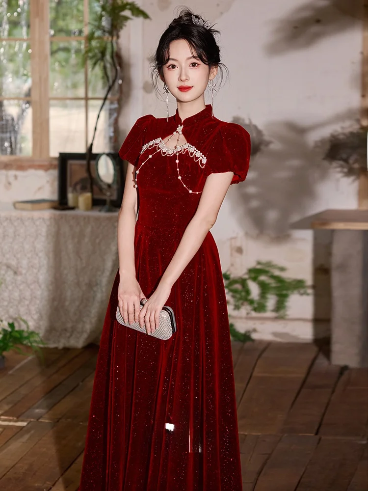 

Ele Red Velvet Wedding Dr New Chinese Sle Engagement Ceremony Dr for Women Floor-Length Draped Evening Gown