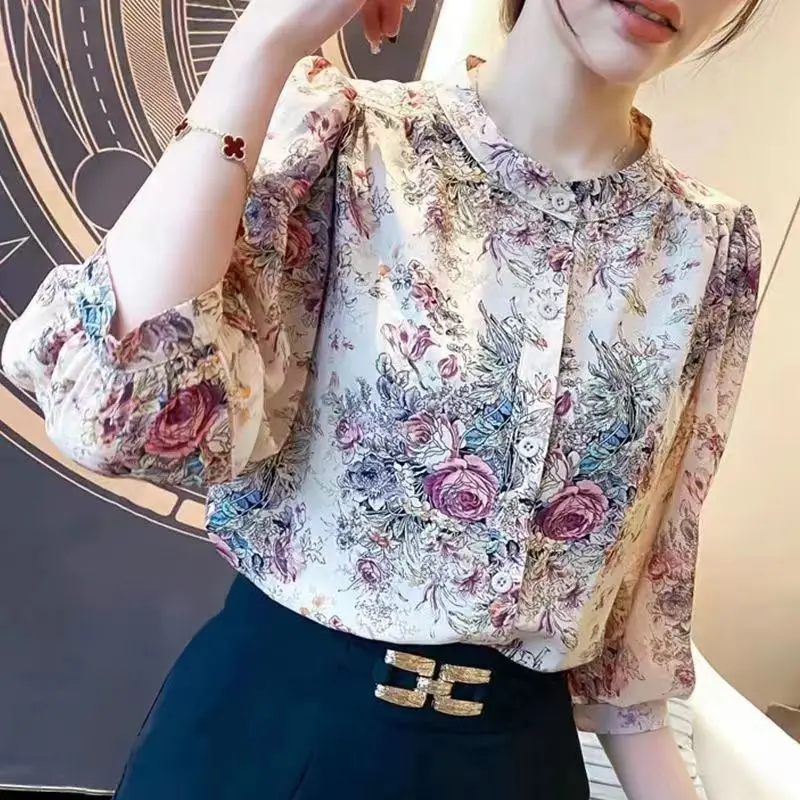 2024 Spring and Autumn New Women\'s Round Neck Loose Korean Fashion Printed 3/4 Sleeve Cardigan Button Ruched Chiffon Shirts Tops