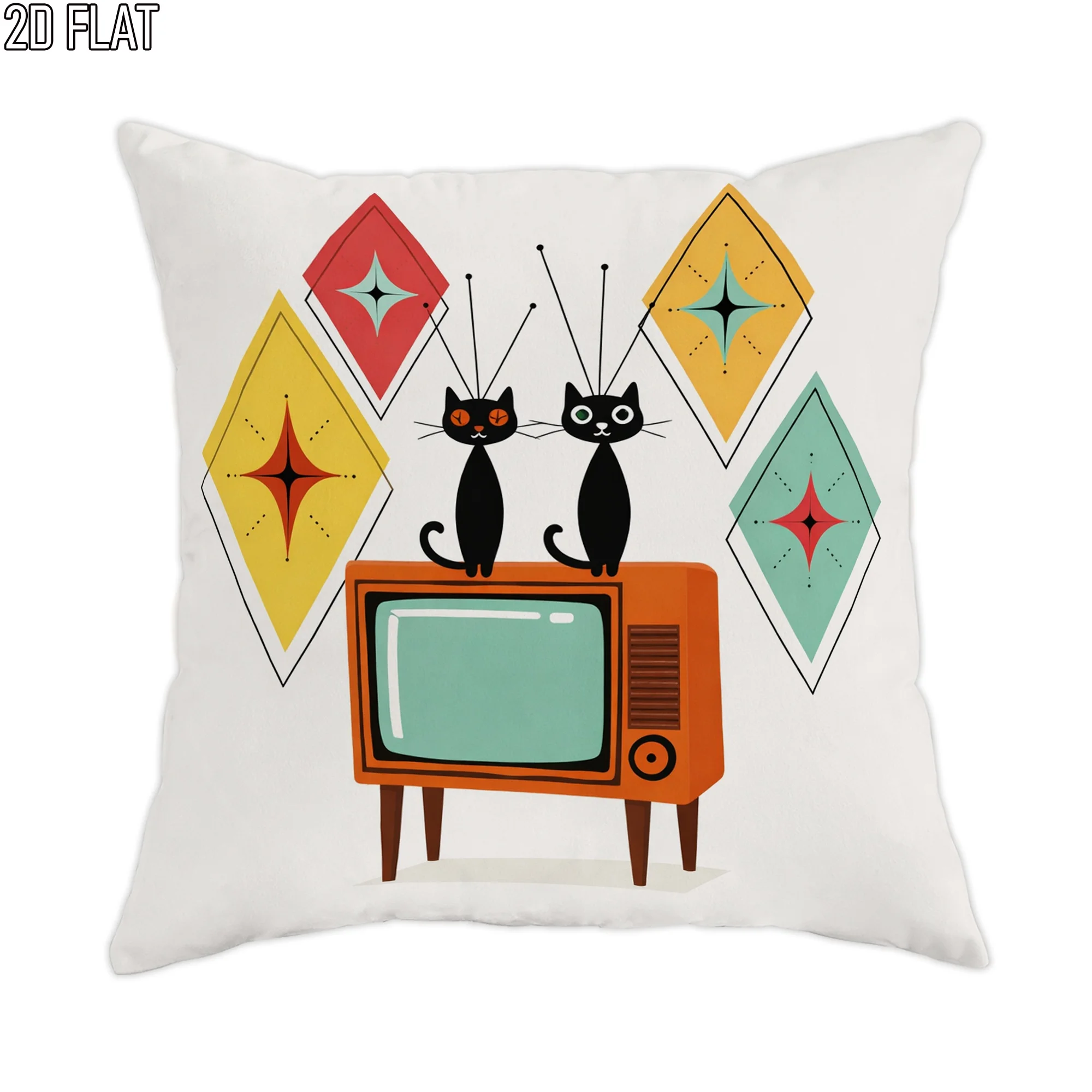 Mid-Century Modern Cat TV Pillow Cover Black Cats on Orange Retro TV with Geometric Stars 16x16 Inch Square Home Decor