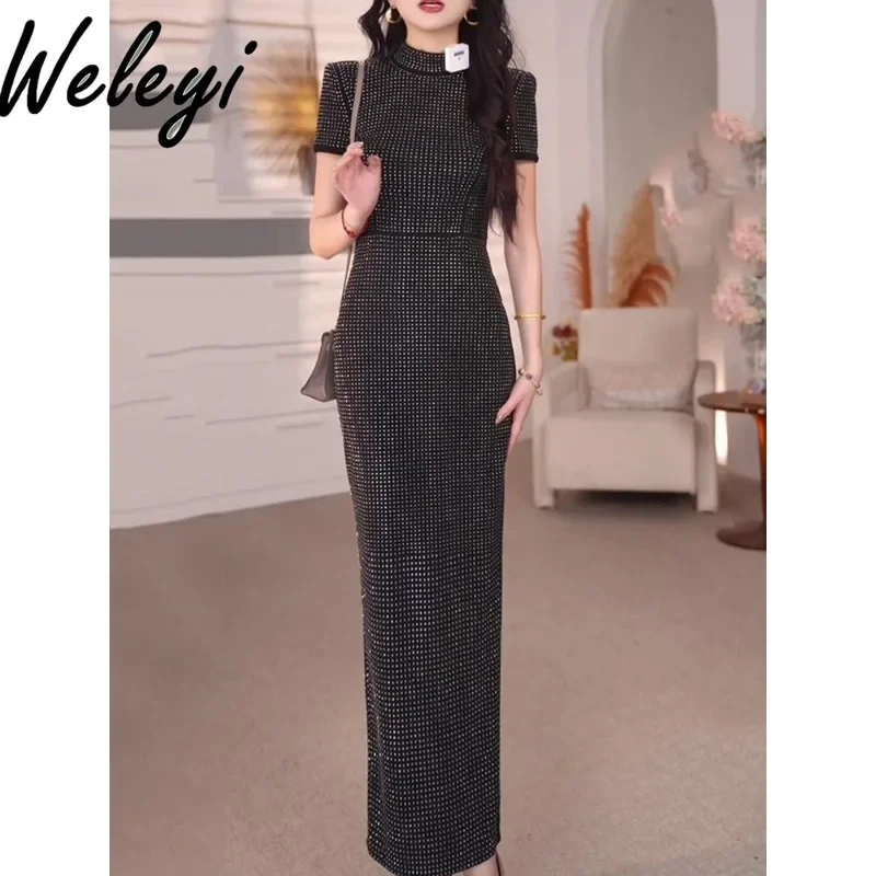 

Hot Drilling Shinny Bodycon Long Dress for Women 2025 Spring Summer New French Luxury Sequines Short Sleeve Slim Hip Dresses