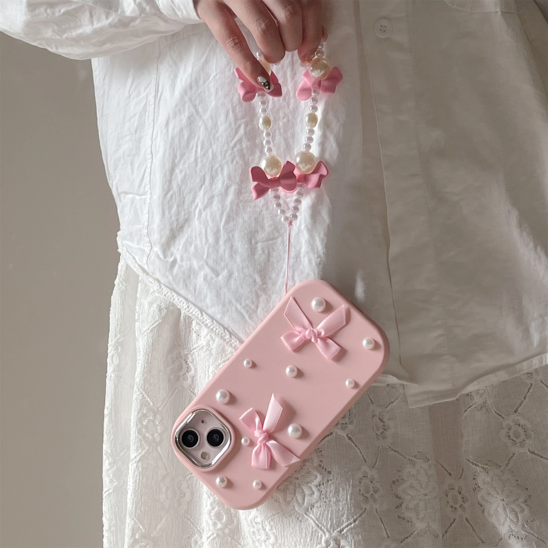 For iPhone 15 14 13 12 11 Pro Max Case 3D Pearl Bowknot Drop-proof Silicone Protective Cover image 3