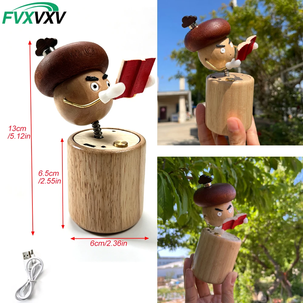 Wooden Mushroom Bobblehead Desk Decor, Spring Shake Head Kinetic Sculpture, Rechargeable Touch-Switch Stress Relief Toy Office G