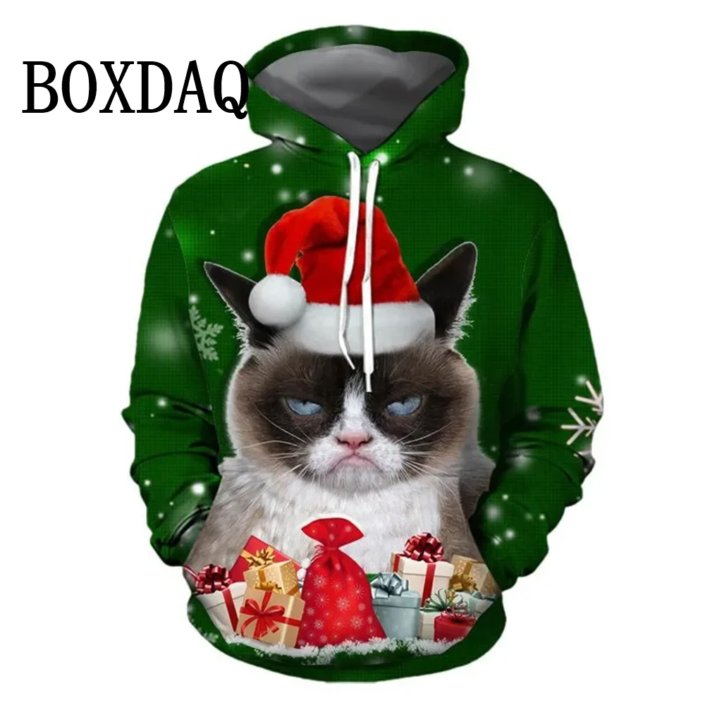 Funny Cat Christmas Party Hoodies Women Cute Sweet Casual Fashion Hooded Tops Autumn Winter Long Sleeve Pullover Pockets Hoodies