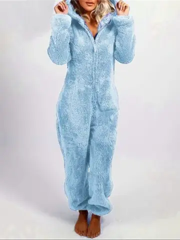 Winter Fashion Plush Jumpsuit Women Long Sleeve Hooded Sleepwear Jumpsuits Casual Zipper Keep Warm Pajamas Homewear Female