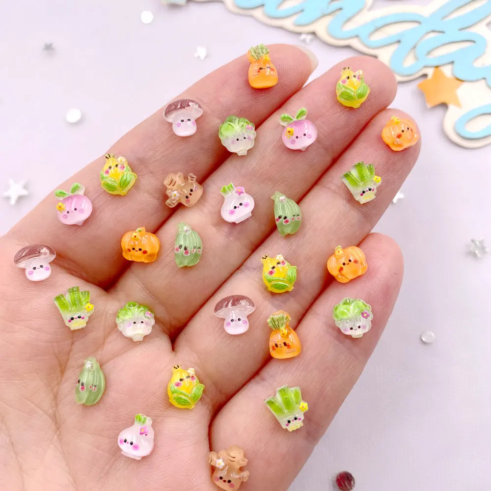 100pcs Resin Mixed Colorful Onion Cabbage Radish Mushroom Vegetable Nail Art Flat Back Rhinestone DIY Scrapbook Figurines Crafts