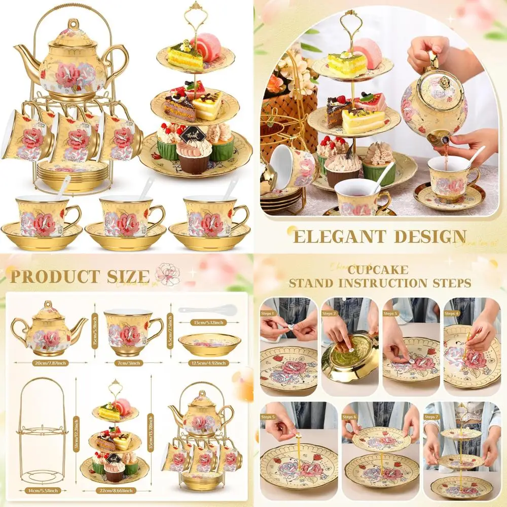 

Фарфоровый чайный сервиз на 21 предмета с металлическим держателем и подставкой для кексов, включая керамический чайник, чашки, блюдца и многоуровневый кекс