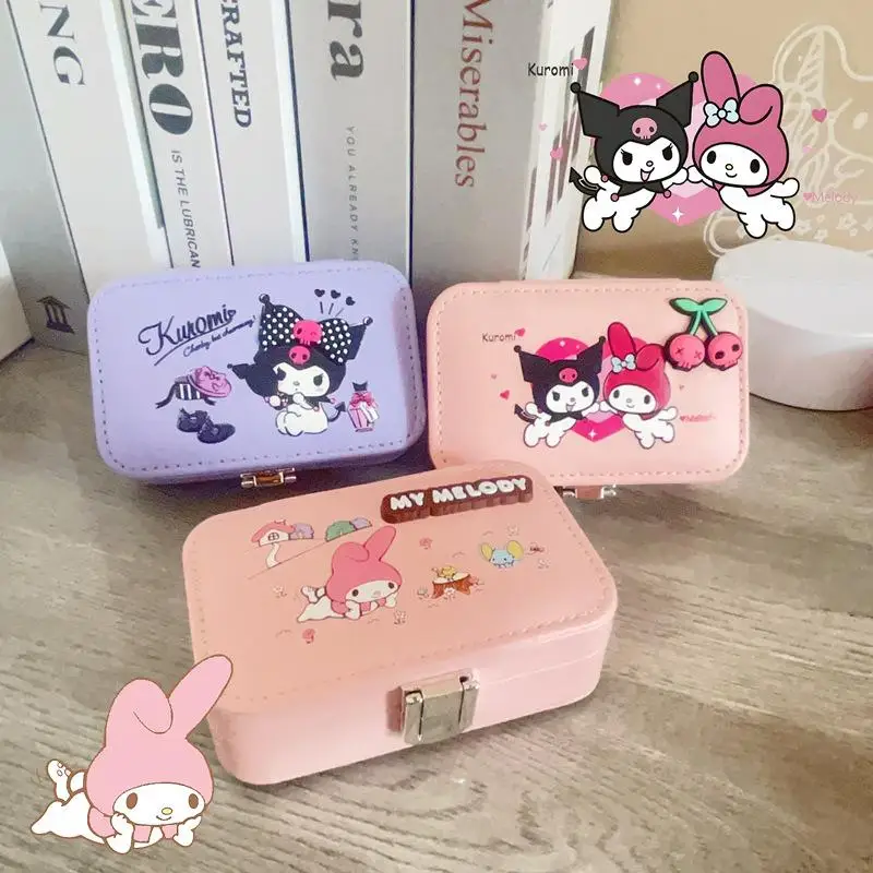 New Cartoon Sanrios Jewelry Box Pu Material Hellokitty Kuromi Melody Stitch Necklace Ring Convenient Large Capacity Storage Boxs