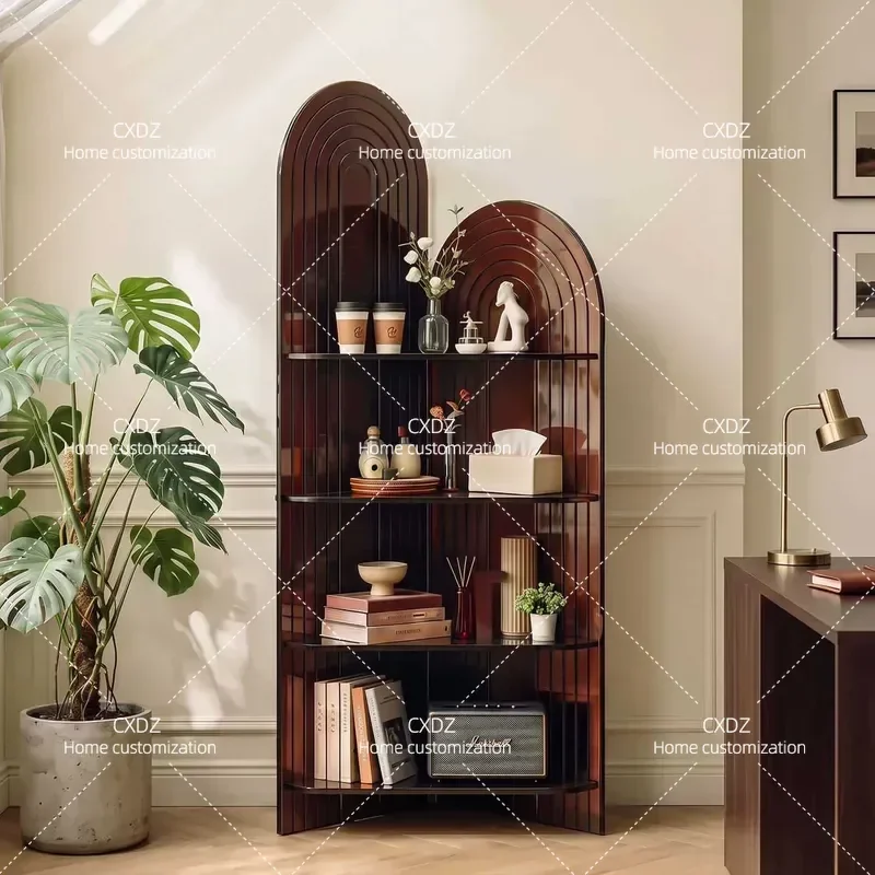 Light Luxury High Low Arch Corner Cabinet 90 Degree Acrylic Floor Storage Rack for Living Room Modern Display Shelf Organizer