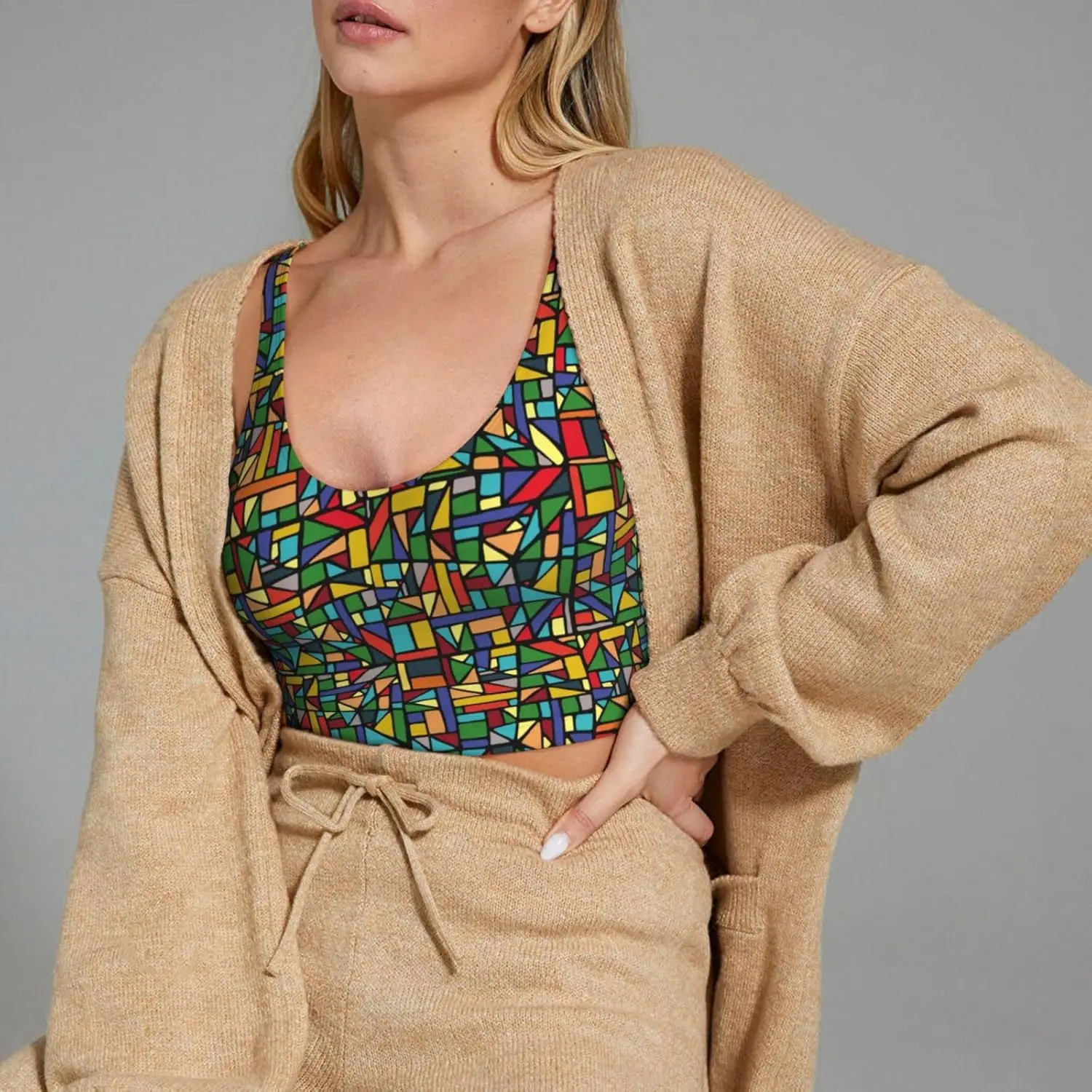 여성용 스포츠 브라 하이 서포트 추상적인 컬러풀 프린트 B 운동용 크롭 탱크탑